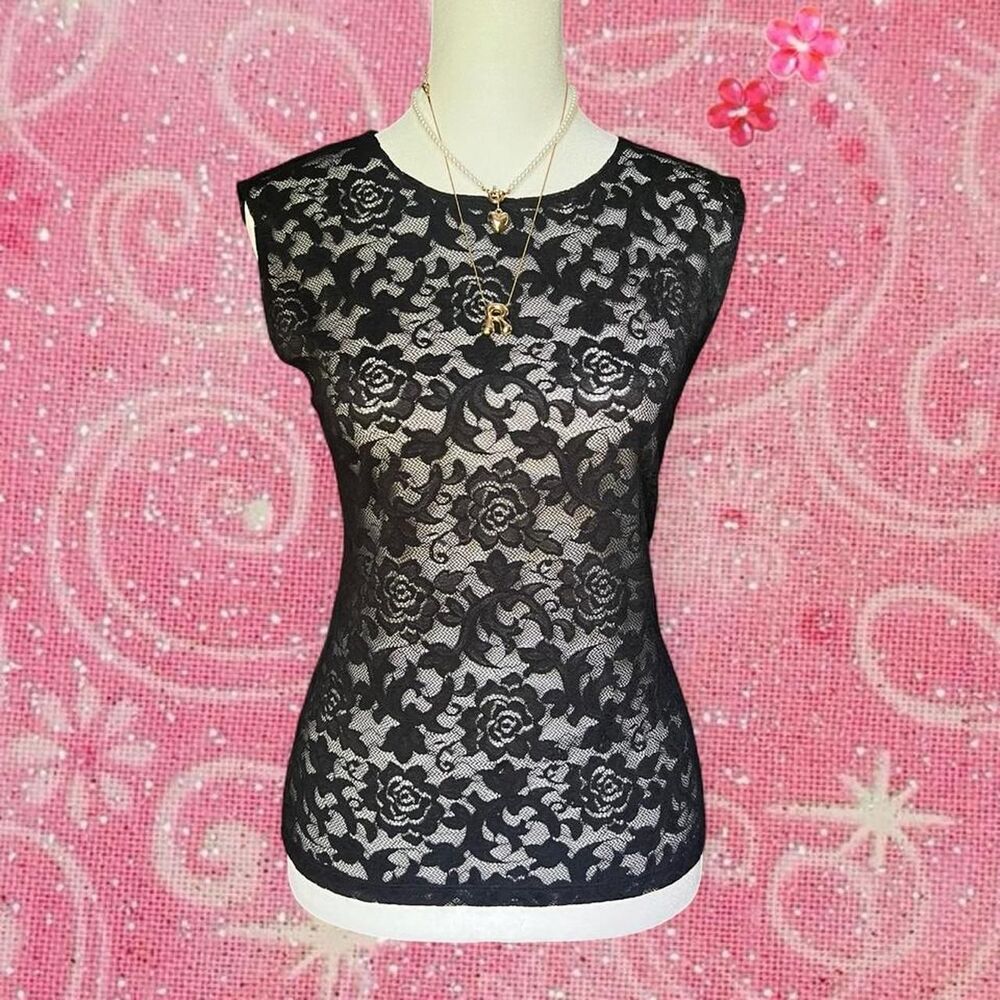 Y2K DKNY Jeans Black Sheer Floral Lace Top
